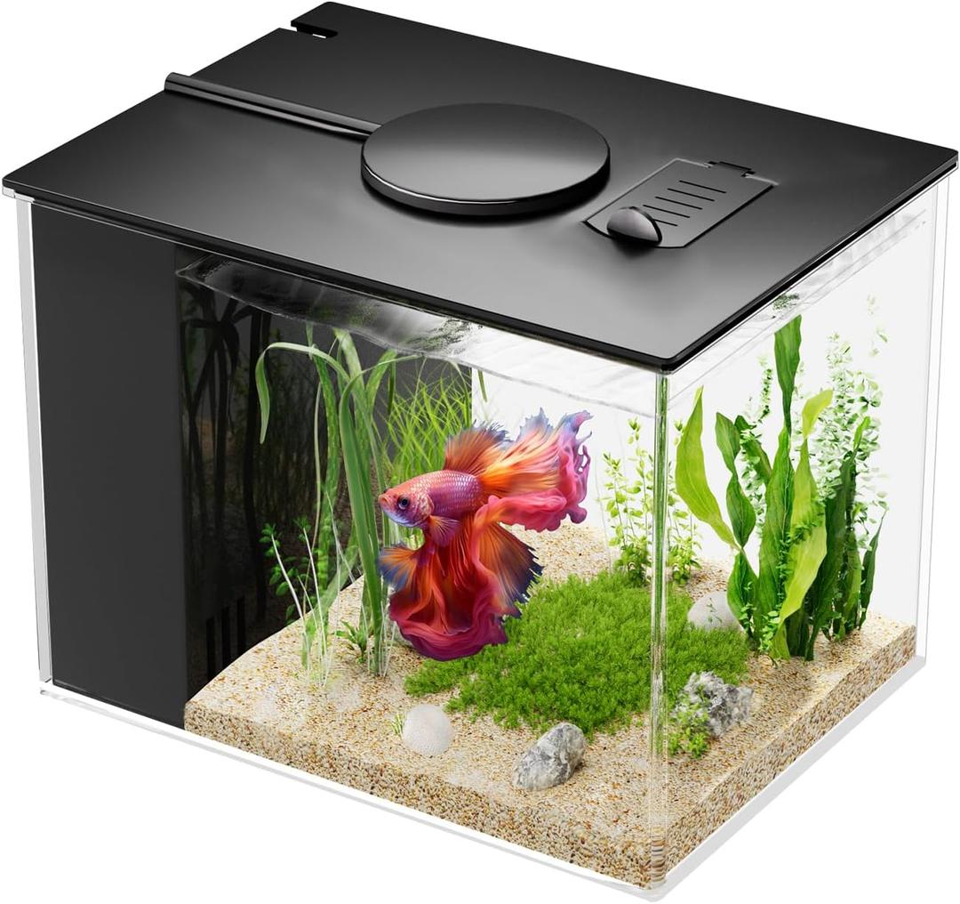 Vehipa Betta Fish Tank 1 Gal (3.7L), Acrylic Nano Aquarium Kit with Water Filter Pump & LED Light, Ideal for Small Fish, Shrimp and Plants, Black
