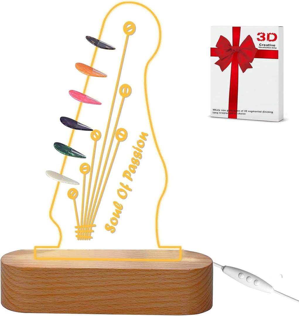 Light Up Guitar Pick Holder - Electric Headstock Shaped Acrylic & Wooden USB Powered Display Case Storage - Guitar Accessories Gift for Players Men (Color-a)