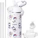 SENDESTAR Metal Insulated Water Bottle - 12oz/18oz BPA-FREE 18/8 Stainless Steel Travel Tumbler Double Wall Vacuum Leak Proof Kids Cup with Straw for Kids, School Boys Girls (White Animal Letters)