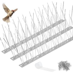 Bird Spikes Outdoor Use Bird Deterrent Spikes with Stainless Steel Base for Small Bird Pigeons Crows and Woodpeckers Fence Roof and Wall (3ft /3 Strips)