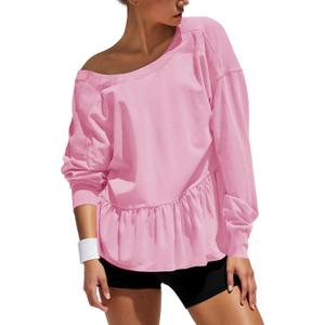 Fisoew Womens Long Sleeve Sweatshirts Crew Neck Peplum Crop Tops Casual Loose Fit Cutout Back Tee Shirts (L)