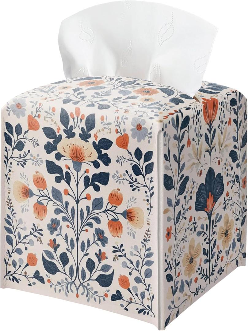 Floral Tissue Box Holder, Scandinavian Leather Tissue Box Cover Square, Paper Napkins Everyday Dispenser for Bathroom Vanity Countertop Night Stands Kitchen Office Car Home Decor
