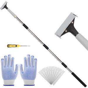 Floor Scraper, 31" to 61" Scraper Tool Long Handle with 4-inch Razor Blade Stainless Steel Material Adjustable Cleaning Glass Wall Gum Paint Tile Glue Linoleum Carpet Sturdy Durable