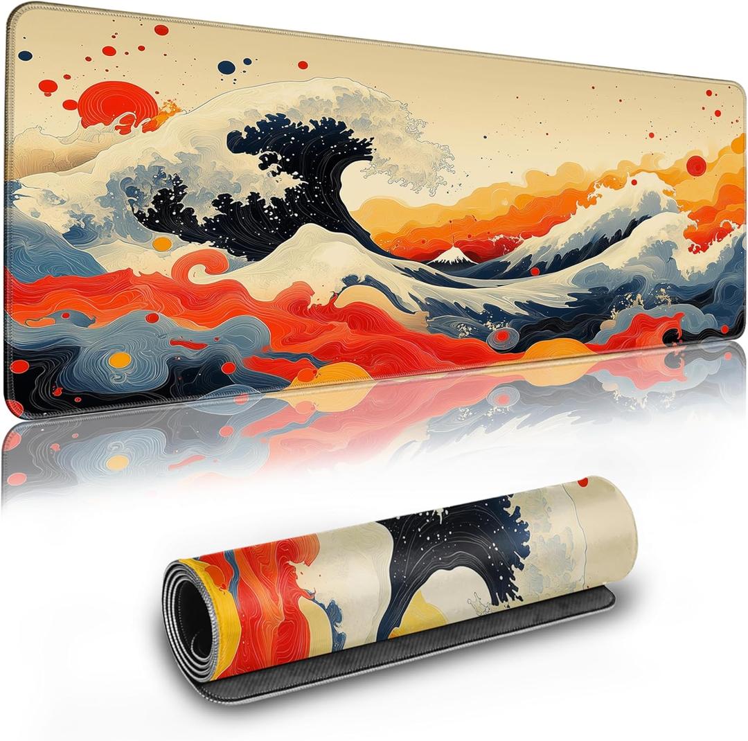 Extended Gaming Mouse Pad Anime Large Desk Pad with Non-Slip Base Full Keyboard Mat with Stitched Edges for Gaming and Office 31.5 x 11.8 inches (Watercolor Wave)