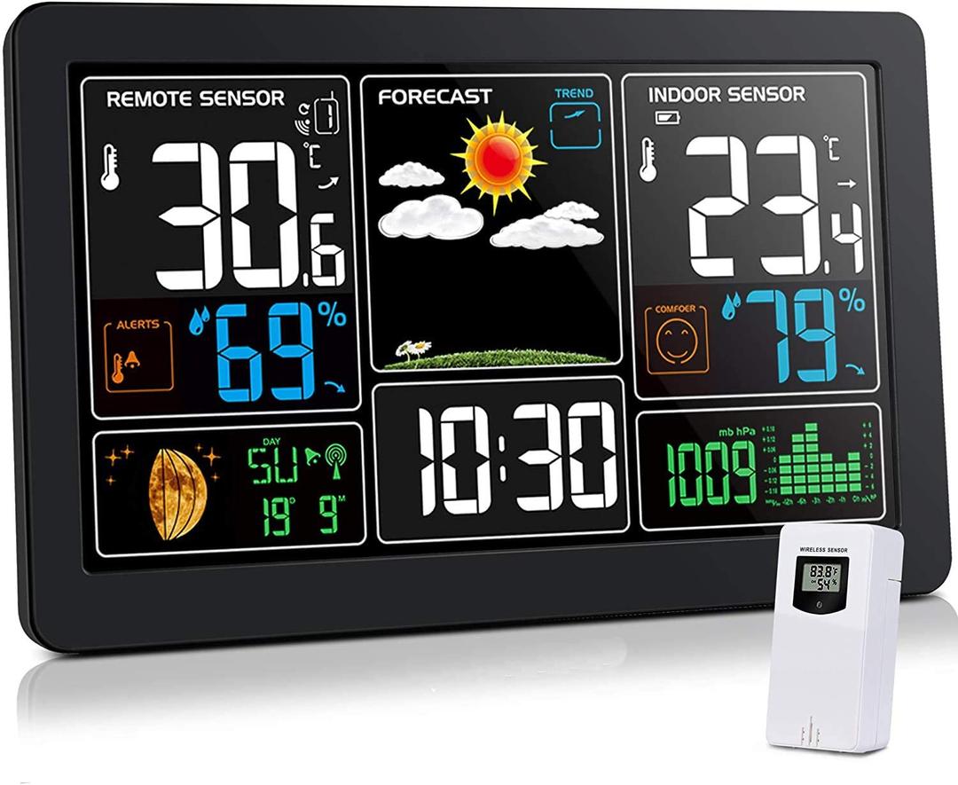 Kalawen Home Weather Stations Wireless Indoor Outdoor Thermometer, Portable Digital Weather Clock Atomic, Bluetooth Color Forecast Station Estacion Meteorologica Weather Monitor with Alarm (Black01)