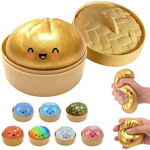 Glitter Dumpling Squishy, New Mystery Glitter Dumpling Squishies Box, Jumbo Squishy Toy with Steamer Box, Colorful Fidget Stress Balls, Soft Squeeze Decompression Dough Sensory Play Toy (Gold)