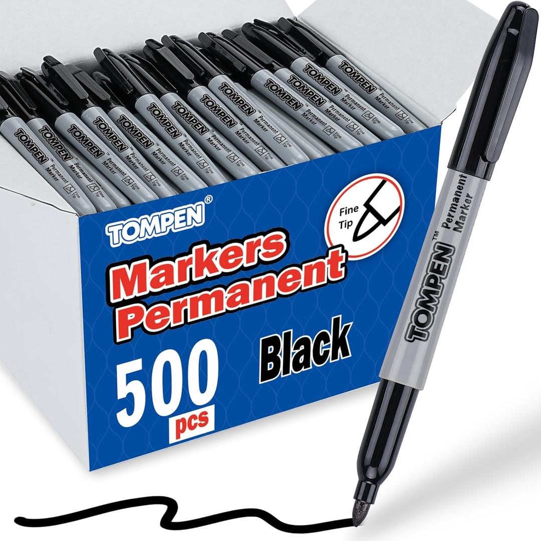 TOMPEN Black Permanent Markers Bulk Fine Tip 500 Pack,Use for Halloween,Waterproof Permanent Marker Pens with Quick Drying on Wood,Plastic,Paper,Metal,Mirror for Office School Classroom Home