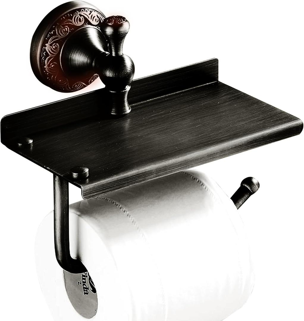 Oil Rubble Bronze Brass Bath Toilet Paper Holder with Phone Shelf, Wall Mounted Black Bathroom Hardware Accessories, Pattern Carving Design
