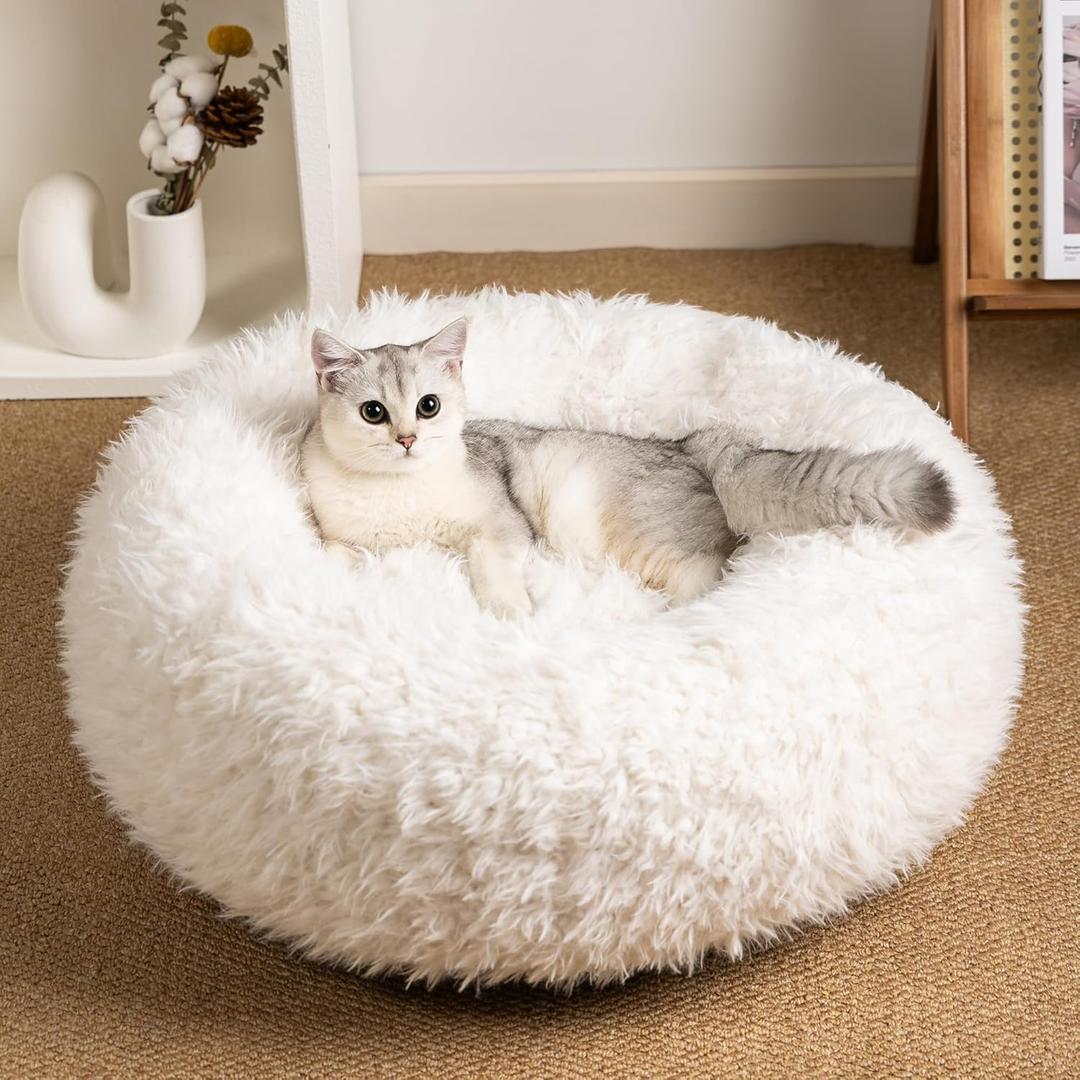 KHONSU PET Calming Donut Cat Bed for Cats & Kittens, Round Plush Cuddler with Chopped Memory Foam, Anti-Anxiety Bolster Support, Machine Washable & Non-Slip (White, Small)
