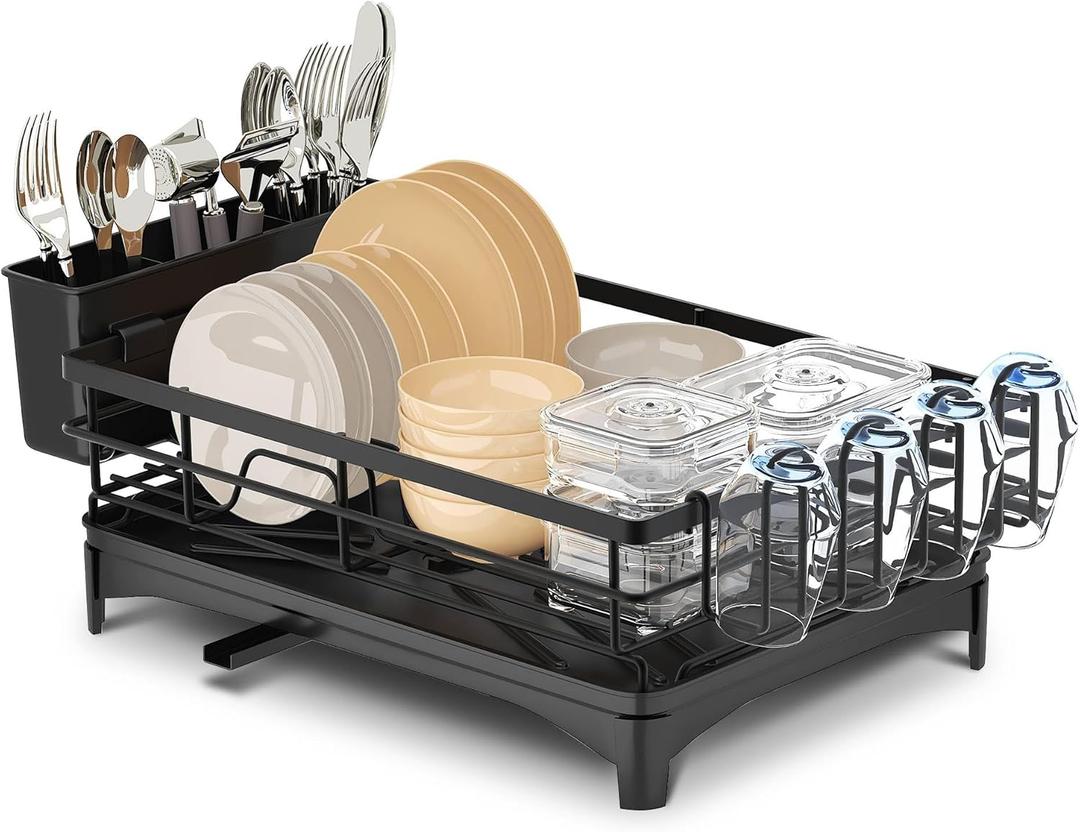 Pukomc Dish Drying Rack, Stainless Steel Iron Dish drainers for Kitchen Counter with Cutlery & Cup Holders,Over The Sink Dish Drying Rack,Large,Black