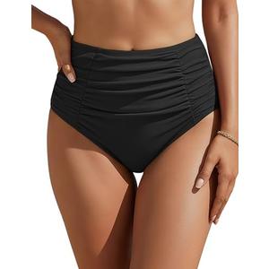 Blooming Jelly Womens High Waisted Bikini Bottoms Tummy Control Swim Bottom Ruched Full Coverage Retro Swimwear (XXL,Black)