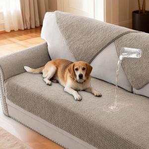 H.VERSAILTEX Waterproof Couch Cover Plush Sofa Cover with Strap Soft Anti Slip Sofa Slipcovers for 4 Cushion Sofa Couch Protector Cover for Dogs Cats Kids,36x96'',Khaki