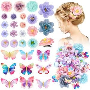 Bencailor 30 Pcs Flower and Butterfly Hair Clips for Women Realistic Flower Butterfly Head Accessories Colorful Hair Barrettes for Bride Wedding(Blue, Purple)
