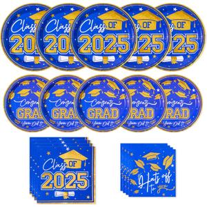 2025 Graduation Plates and Napkins ,Blue and Gold Class of 2025 Congrats Tableware,Disposable Luncheon Plates & Cocktail Napkins for Graduation Party Decorations,Serve 30