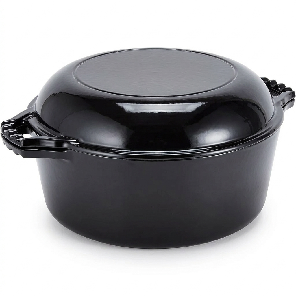 Bruntmor 2-in-1 Enamel Cast Iron Dutch Oven With Handles - Crock Pot Blue Cast Iron pot with Skillet lid - All-in-One Cookware Braising Pan for Casserole Dish - 7 Quart, Black