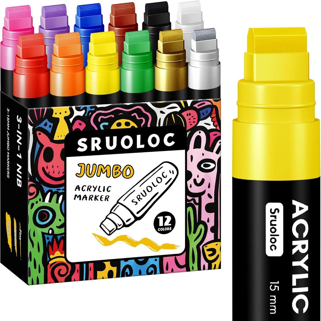 SRUOLOC 12 Colors Jumbo Markers, 15mm Jumbo Felt Tip, Acrylic Paint Markers for Rock Painting, Poster, Stone, Ceramic, Glass, Wood, Canvas