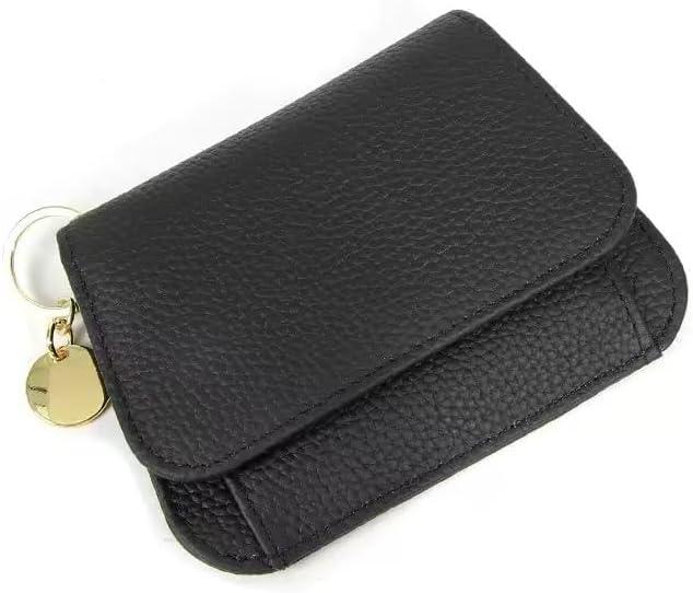 Small Wallet for Women RFID Blocking Genuine Leather Slim Keychain Wallet Tri-Fold Card Case with Coin Pocket(Black)
