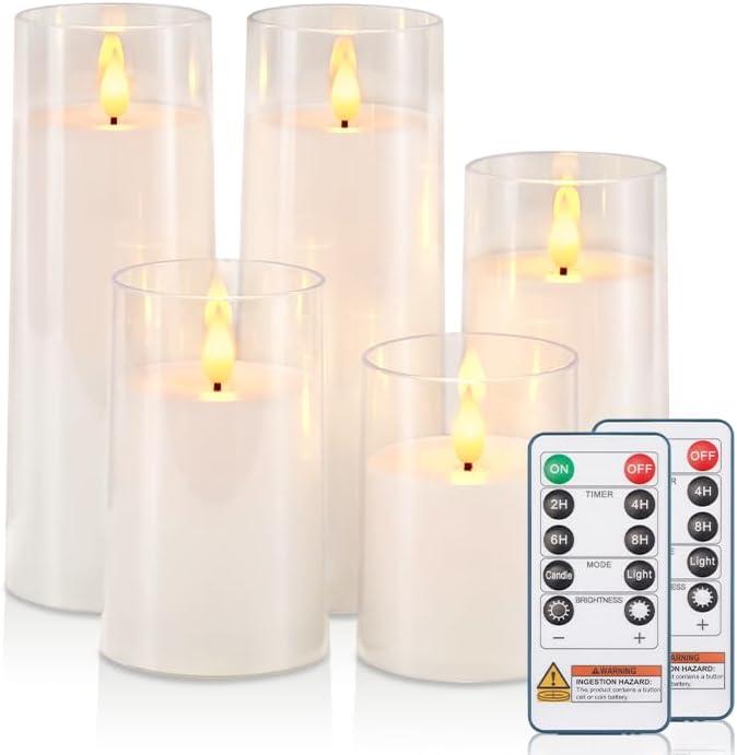 Raycare Flameless Candles Battery Operated with Remote Timer, Acrylic Flickering LED Pillar Candle for Christmas Decoration, Home Decor, Gift for Family and Friend, White, Set of 5