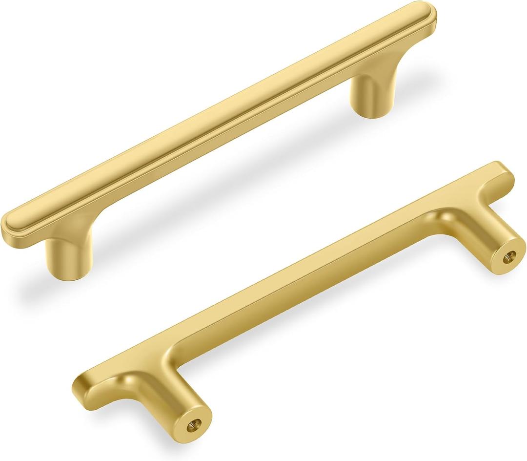 Lardmon 10 Pack Brushed Gold Modern Cabinet Pulls 5.2 Inch(133mm) Total Length | 3.75 Inch(96mm) Hole Center Bar Pulls Kitchen Cabinet Handles Solid Drawer Pulls Heavy Duty Kitchen Cabinet Hardware