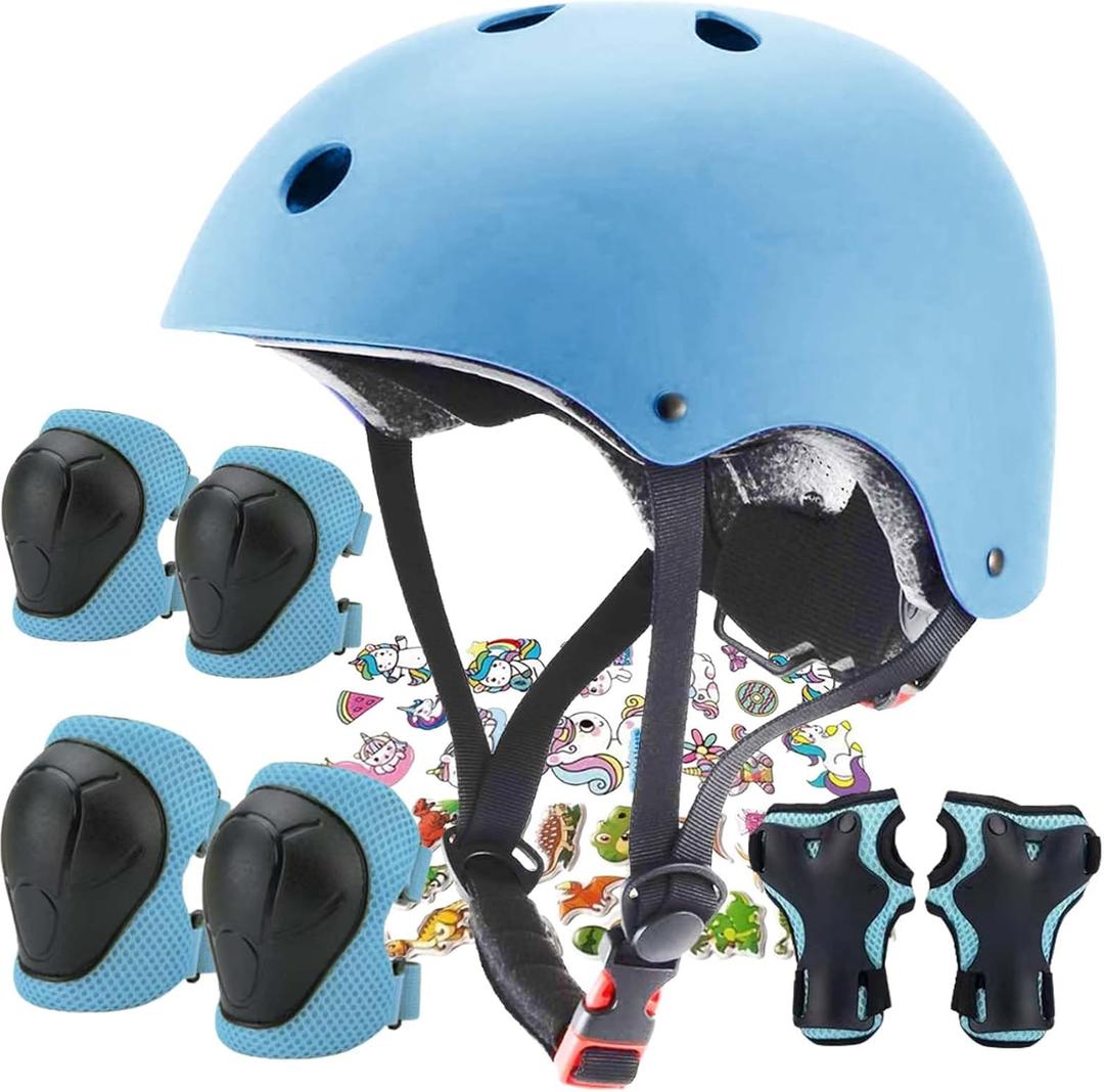 FOOKCIAN Kids Helmet,Toddler Skateboard Helmets for Boys Girls with Knee and Elbow Pads Wrist Guards fit Roller Skates,Skateboarding,Skating Scooter Adjustable Kids Helmet (Light blue, Size: Small:18.9''-21.3'' / 3-8 year)
