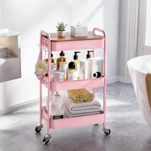 3 Tier Rolling Cart with Table top, Metal Rolling Utility Cart, Sturdy Storage Organizer Cart with Locking Wheels & Hooks for Office, Classroom, Kitchen and Bathroom，Pink