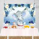 7x5ft Baby Elephant Backdrop Blue Floral Baby Shower Backdrop Elephant Blue Gray Baby Shower Decorations for Boy Animal Theme Birthday Party Decorations Supplies Photo Booth Props
