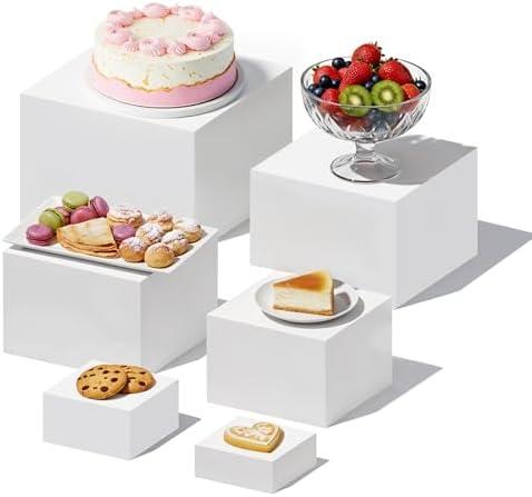 IANFAN 6 Pcs Buffet Risers, Food Risers for Buffet Table, White Acrylic Cube Boxes Display with Hollow Bottoms Display Stand Shelf for Party Cake Dessert Catering Jewelry Collectibles (3"4"5"6"7"8'')