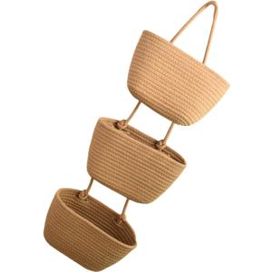 Multipurpose Hanging Cotton Rope Baskets 3 Layer Cotton Rope Foldable Hanging Basket for Efficient Item Arrangement (Khaki)