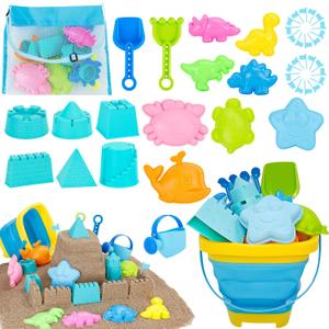 Collapsible Beach Toys Set for Kids Boys Castle Sand Toys Set with Sand Bucket & Shovels Set & Sand Molds and Mesh Bag, Travel Sandbox Toys for Toddlers Age 3-10. (Blue)