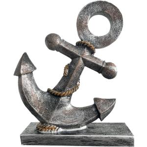 Anchor Sculpture Coastal Decor Nautical Boat Statue Art Ship Theme Retro Style Home Office Desktop Shelf Decoration Crafts Resin Ornament (Silver)