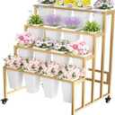 Flower Display Stand with 16 Buckets, 4 Layers Flower Bar, Gold Metal Plant Stand with Wheels, Heavy Duty Flower Cart for Indoor Outdoor Patio Garden Wedding Florist, Gold Metal Frame