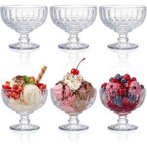 Youeon 6 Pack Vintage Embossed Glass Dessert Cups, 12oz Footed Sundae Glasses for Ice Cream, Parfait, Trifle, Fruit, Yogurt, Clear Glass Dessert Bowls for Party Serving