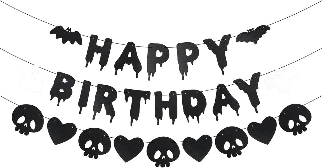 Black Glitter Halloween Birthday Banner, Pre-Strung Happy Birthday Halloween Banner Ghosts Hearts Skulls Bats Hanging Paper Garland Photo Prop for Wall Mantle Home Supplies