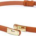 FAN&LOUIS Brown Belt Women, Skinny Waist Belt Ladies Adjustable Black Leather Belt with Gold Buckle for Dress,Jeans,and Coats (Beige, S)