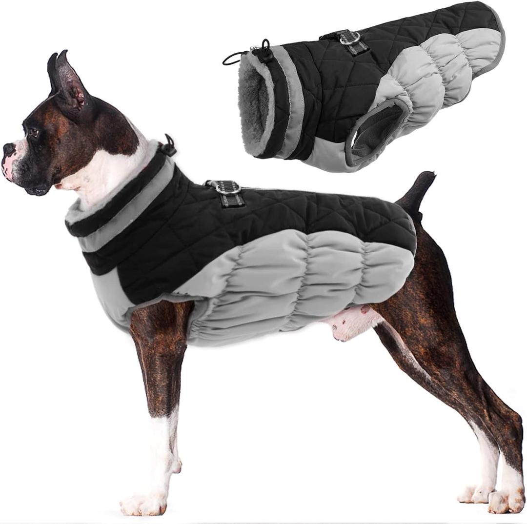Lelepet Dog Coat Warm Dog Winter Coat Waterproof Dogs Jacket with Harness Built in Reflective Pet Fleece Vest Zip-Up Cold Weather Coats for Large Dogs Turtleneck & Windproof Coats Boston Terrier Black