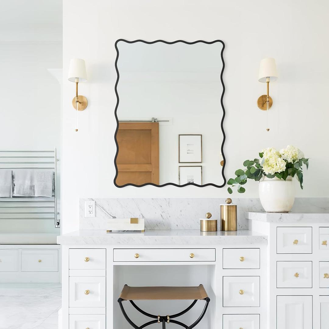 22""x30"" Wavy Mirror,Black Bathroom Mirror,Wood Framed Waved Edge Accent Mirror,Rectangular Wall Mirror,Decorative Vanity Mirror,Farmhouse Irregular Mirror for Bedroom Entryway Living Room