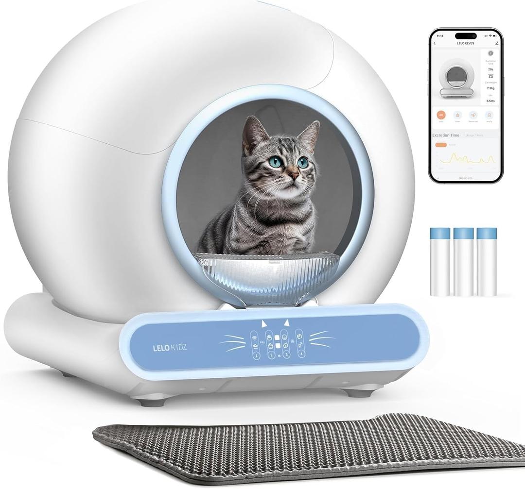 Self Cleaning Litter Box, Integrated Safety Automatic Cat Litter Box Self Cleaning 65L+9L for Multiple Cats, App Control, Odor Removal, Includes Mat & 6-Month Liner Supply (3 Rolls) - Blue