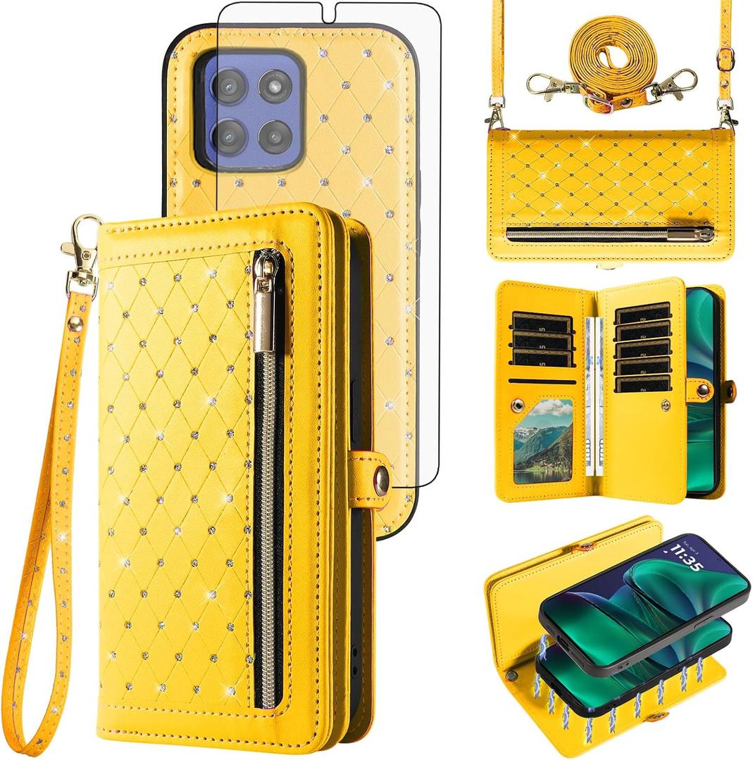 Phone Case for Motorola Moto G Stylus 5G 2025 Zipper Wallet Detachable Magnetic Cell Cover with Screen Protector Crossbody Lanyard Strap Bling Glitter Flip Credit Card Holder Slots Women Yellow