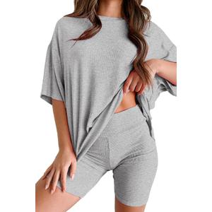 Womens 2 Piece Lounge Set 2026 Summer Travel Outfit Casual Short Sleeve Oversized Tshirts & Biker Shorts (Gray, S)