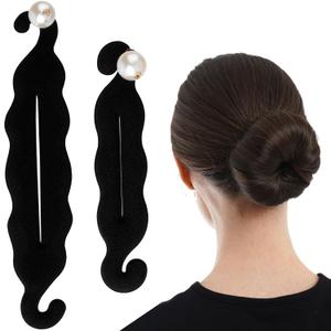 2 Pcs Black Hair Bun Maker, Pearl Bun Makers for Women's Hair, Lazy Bun Holders for Women's Hair, Thin Wavy Long Curly Straight Hair