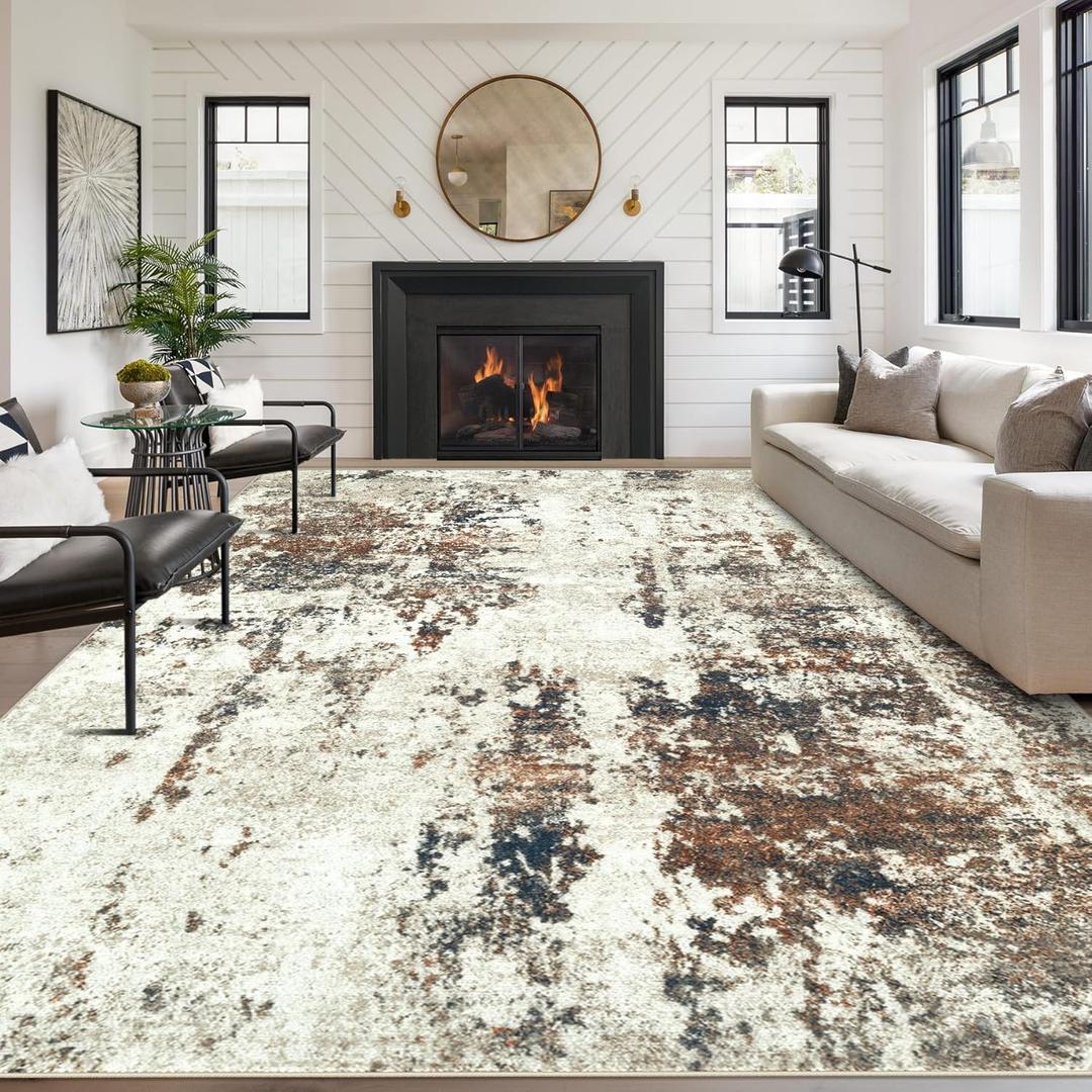 Living Room Rug 9x12 Rug, Machine Washable Modern Abstract Rug Soft Neutral Area Rug Non-Slip Stain Resistant Large Rugs for Living Room Dining Room Bedroom Dorm Office(Brown,9'x12')