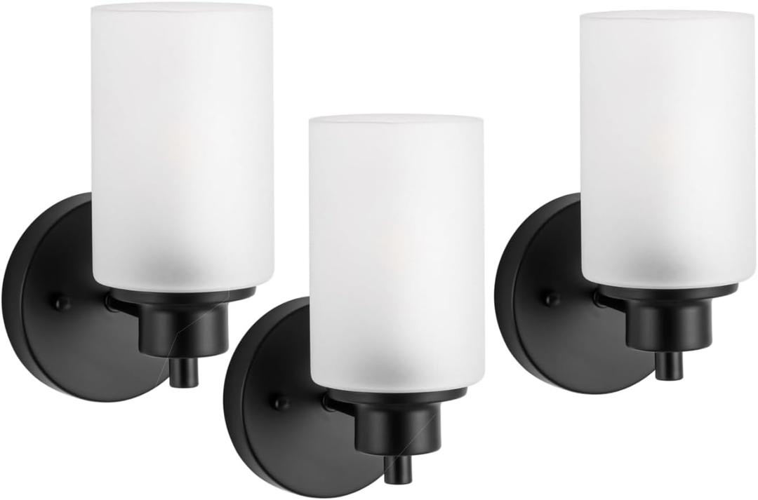 3 Pack Black Farmhouse Wall Sconces Light, Indoor Bath Vanity Light Fixtures with White Frosted Glass Shade, Modern Bathroom Wall Mounted Lights E26 Base Lamp for Bedroom, Porch, Kitchen