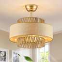 Boho Fandelier Ceiling Fans with Light andRemote Gold Enclosed Caged Ceiling Fan with LightRattan Chandelier Fan for Bedroom, Living Room,Kitchen (6 Speeds Bladeless Cellng Fan), 20inch