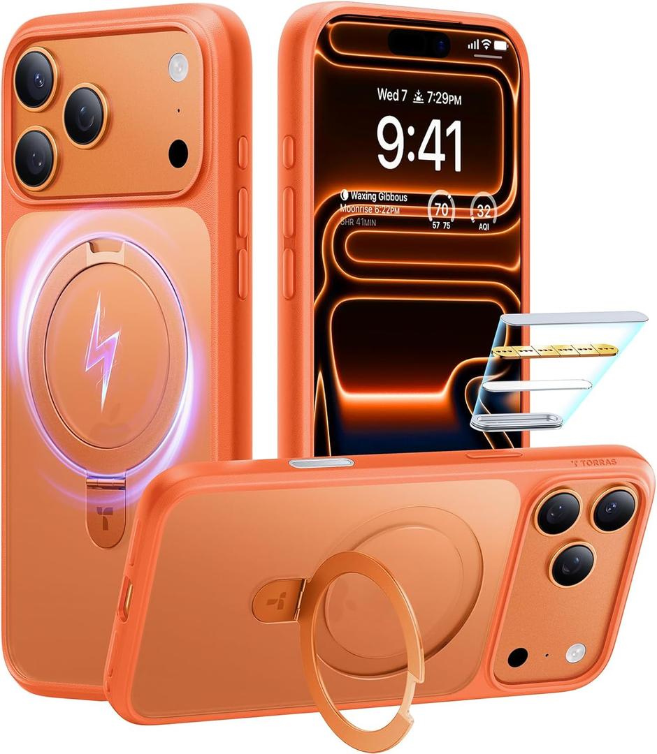 TORRAS for iPhone 17 Pro Case with Stand, Fit for MagSafe, 4X Military Drop Protection, Camera Control Button, Slim Soft Edge Phone Case for iPhone 17 Pro, Translucent Matte Cover 6.3", Bright Orange