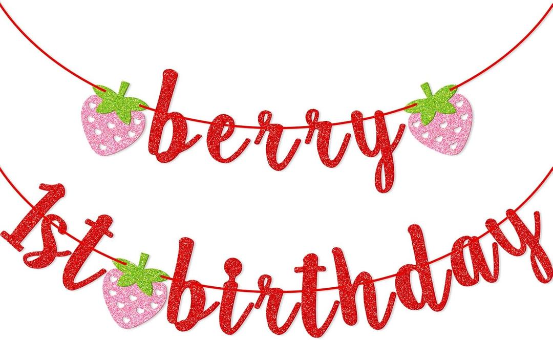 Berry First Birthday Banner, Glitter Strawberry Banner, 1st Birthday Decor (Red)