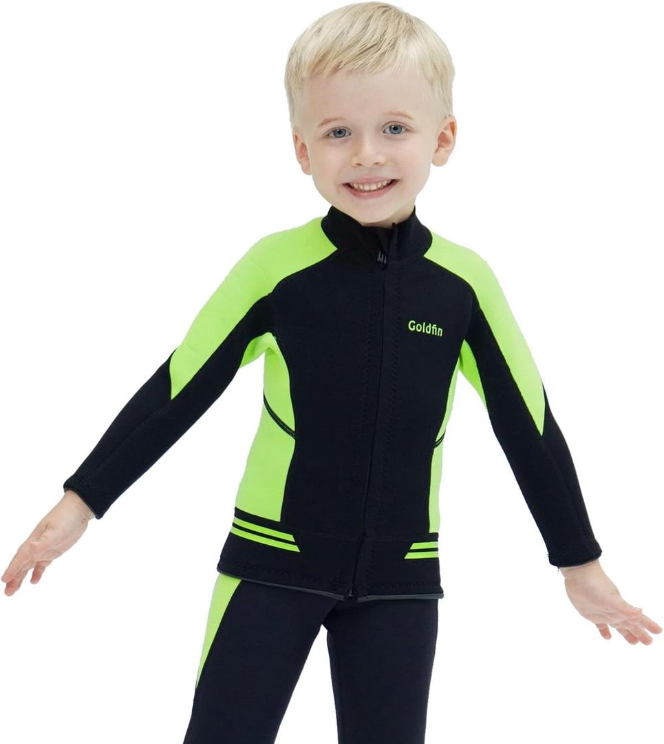 GoldFin Kids Wetsuit Jackets, 2mm Girls Boys Wetsuits Tops Toddler Neoprene Long Sleeve Keep Warm for Water Sports Diving Surfing Swimming Kayaking (4, Black-green)