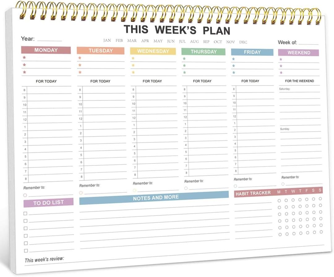 Undated Weekly Planner - 8.5" x 11" Undated Daily Productive Weekly To Do List Notepad for Home, Work, School, Projects, 52 Weeks, Clean Colorful Design