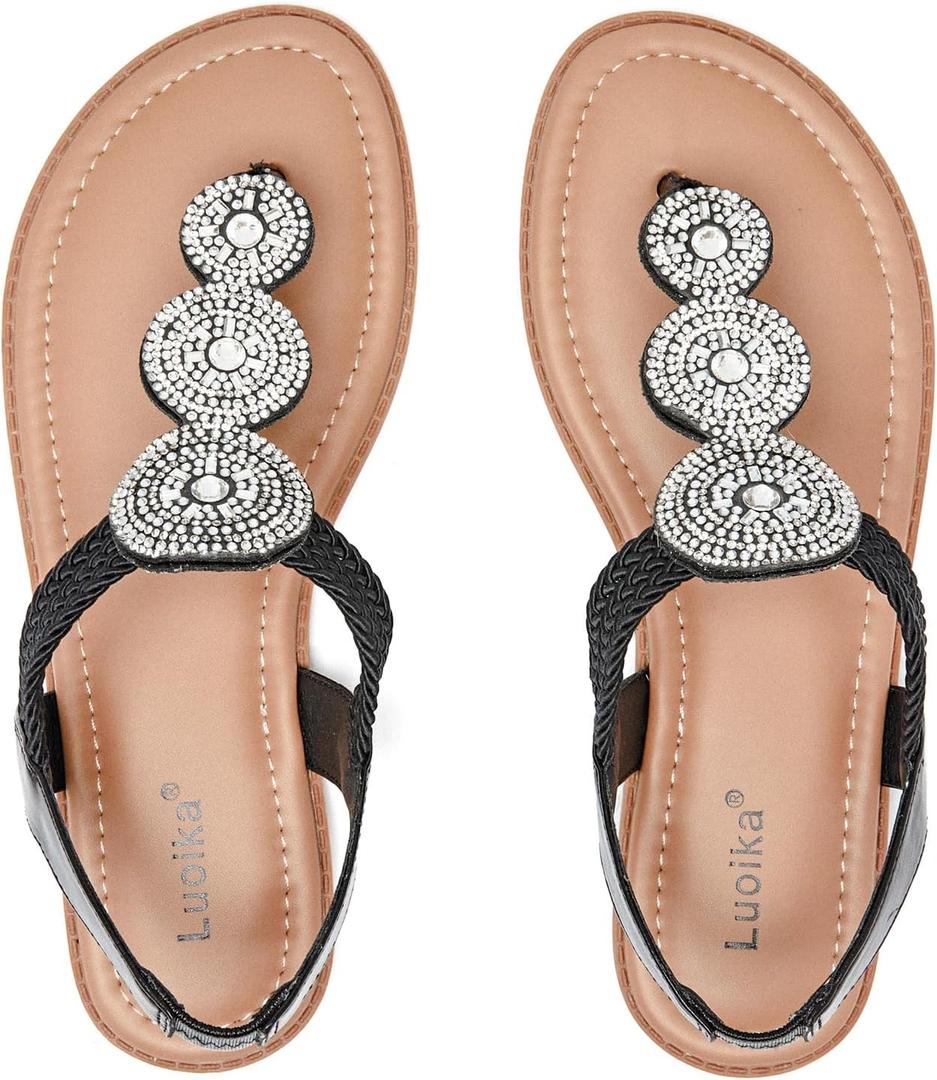 Luoika Women's Wide Width Flat Sandals, Flip Flop Thong Sandals Strappy Rhinestone Comfortable Summer Beach Shoes for Women.813 Black 7XW
