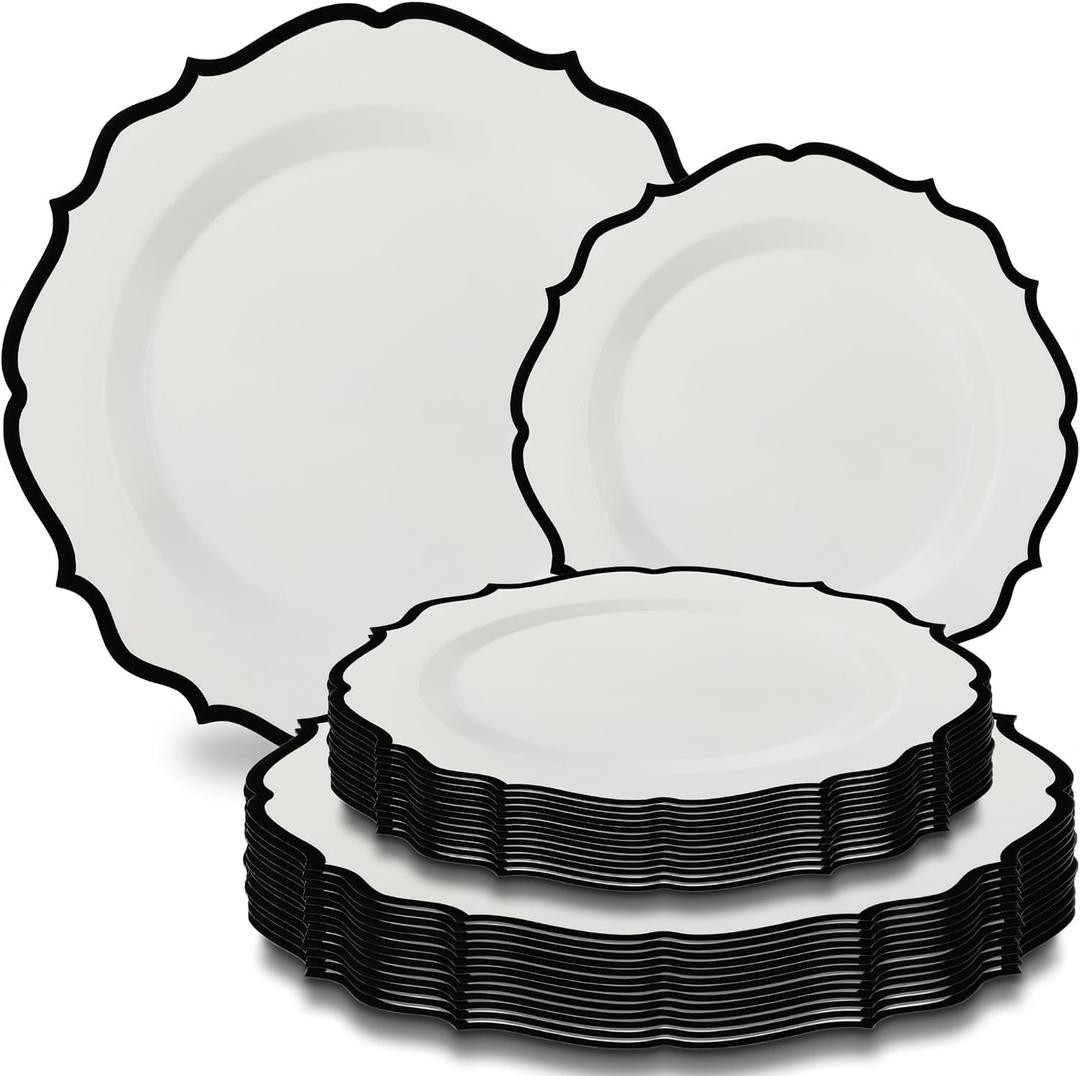 Bluesky Contemporary Collection Combo White Plates with Black Rim - 7.5" - 10.5" (Pack of 32) - Sleek Modern Design - Perfect for Entertaining & Everyday Use