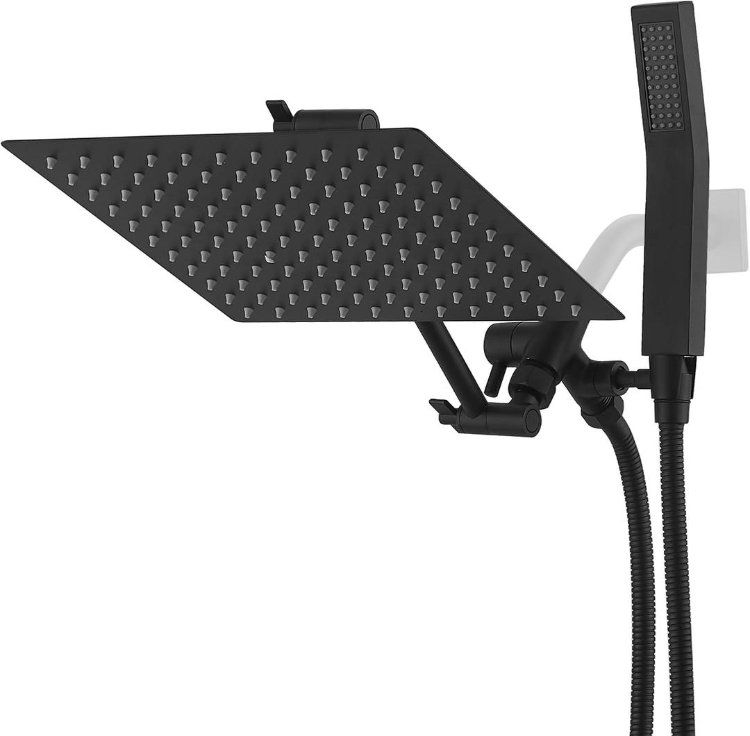 All Metal 10 Inch Rain Shower Head with Handheld Spray Combo, Waterfall Rainfall High Pressure Square Shower Heads with Adjustable Extension Arm, 70" Flexible Hose, 3-Way Diverter(Matte Black)